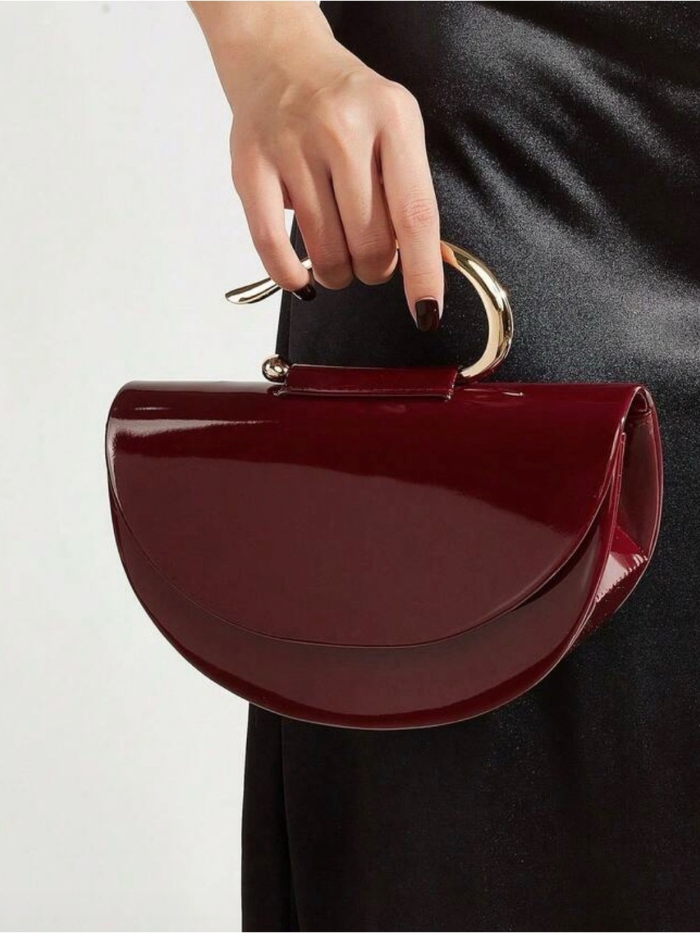 Burgundy Patent Leather Half Moon Clutch- Gold Handle Evening Crossbody Bag